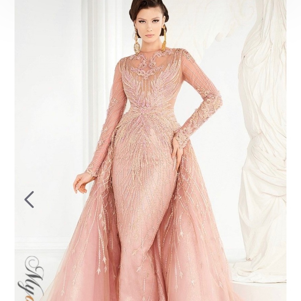 MNM Couture Dusty Blush Embellished Long Sleeve Gown with Dramatic Overskirt